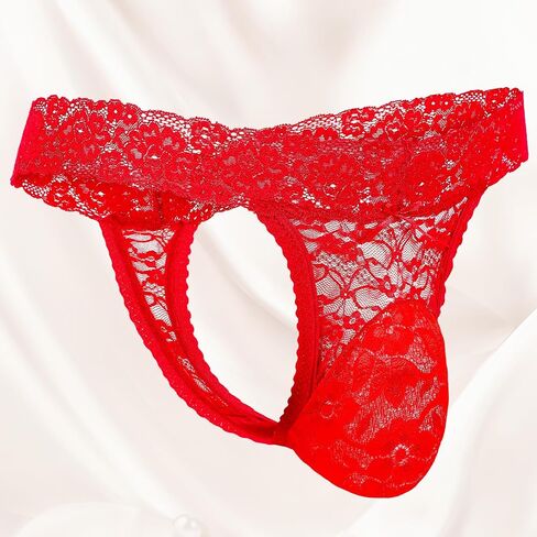 2 Pcs Men's Thong Underwear Lace Frilly Thongs Sheer Mesh Bikini Briefs Sissy G-string Lace Panties Men, Black, Red in Saudi Arabia