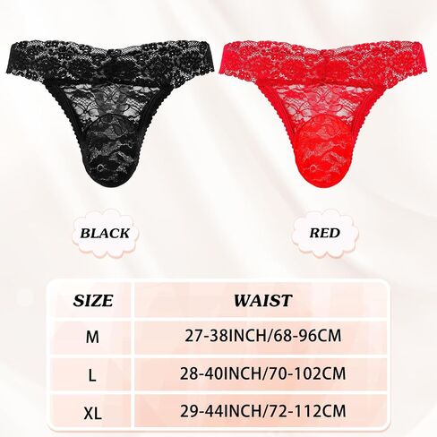 2 Pcs Men's Thong Underwear Lace Frilly Thongs Sheer Mesh Bikini Briefs Sissy G-string Lace Panties Men, Black, Red in Saudi Arabia