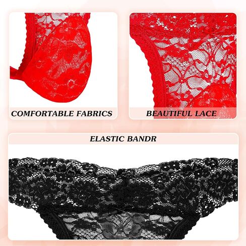 2 Pcs Men's Thong Underwear Lace Frilly Thongs Sheer Mesh Bikini Briefs Sissy G-string Lace Panties Men, Black, Red in Saudi Arabia