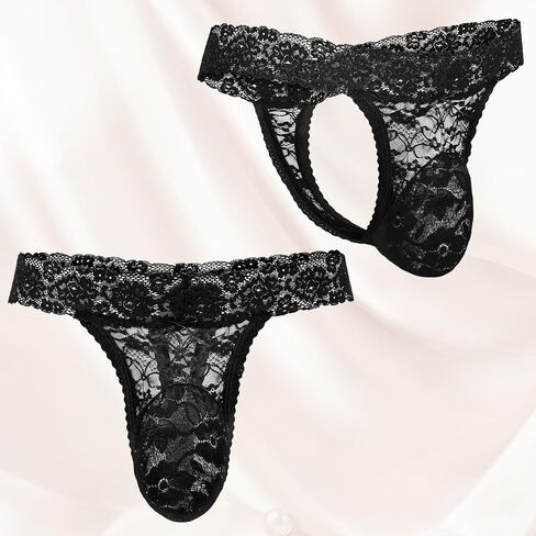 2 Pcs Men's Thong Underwear Lace Frilly Thongs Sheer Mesh Bikini Briefs Sissy G-string Lace Panties Men, Black, Red in Saudi Arabia