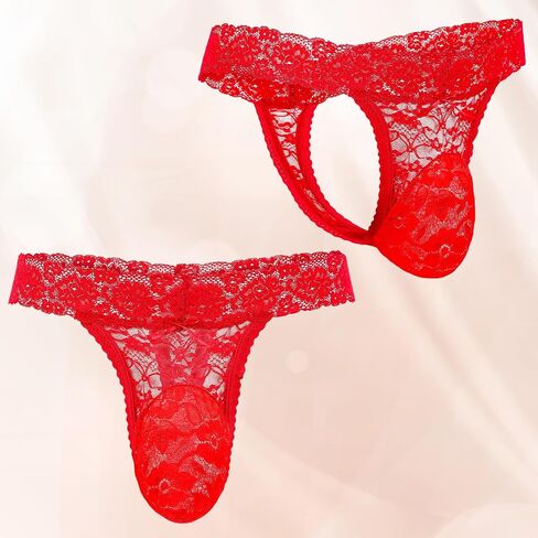 2 Pcs Men's Thong Underwear Lace Frilly Thongs Sheer Mesh Bikini Briefs Sissy G-string Lace Panties Men, Black, Red in Saudi Arabia