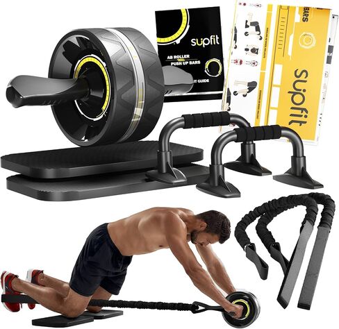 Ab Roller Wheel, 6 in 1 Ab Roller kit with Knee Pads, Push-Up Bars, Resistance Bands, Workout Poster, Workout Guide, Perfect Home Gym Equipment for Men Women Abdominal Exercise in Saudi Arabia