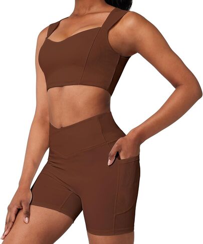 Casei Womens Workout Sets 2 Piece Outfits Ribbed Crop Tank Square Neck High Waist Biker Shorts Tracksuit with Pockets in Saudi Arabia