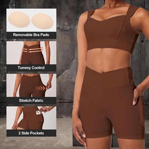 Casei Womens Workout Sets 2 Piece Outfits Ribbed Crop Tank Square Neck High Waist Biker Shorts Tracksuit with Pockets in Saudi Arabia