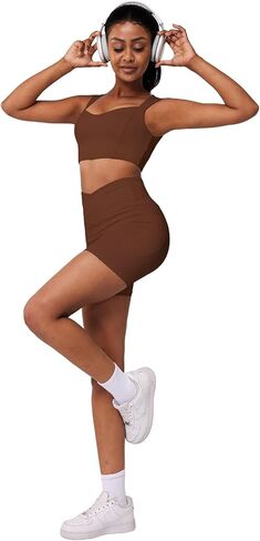 Casei Womens Workout Sets 2 Piece Outfits Ribbed Crop Tank Square Neck High Waist Biker Shorts Tracksuit with Pockets in Saudi Arabia