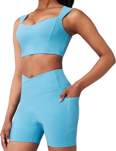 Casei Womens Workout Sets 2 Piece Outfits Ribbed Crop Tank Square Neck High Waist Biker Shorts Tracksuit with Pockets in Saudi Arabia