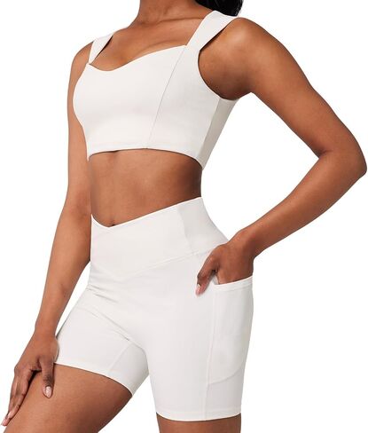 Casei Womens Workout Sets 2 Piece Outfits Ribbed Crop Tank Square Neck High Waist Biker Shorts Tracksuit with Pockets in Saudi Arabia