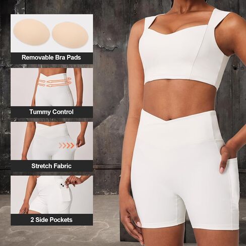 Casei Womens Workout Sets 2 Piece Outfits Ribbed Crop Tank Square Neck High Waist Biker Shorts Tracksuit with Pockets in Saudi Arabia