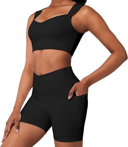 Casei Womens Workout Sets 2 Piece Outfits Ribbed Crop Tank Square Neck High Waist Biker Shorts Tracksuit with Pockets in Kuwait