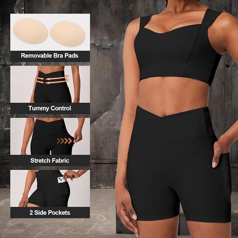 Casei Womens Workout Sets 2 Piece Outfits Ribbed Crop Tank Square Neck High Waist Biker Shorts Tracksuit with Pockets in Kuwait