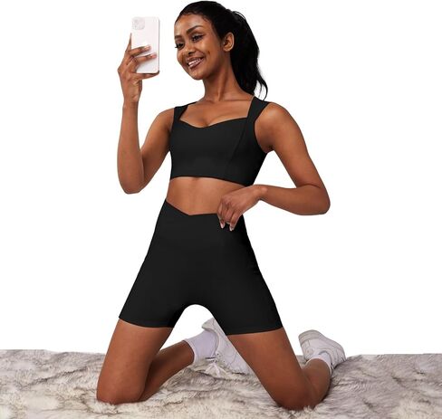 Casei Womens Workout Sets 2 Piece Outfits Ribbed Crop Tank Square Neck High Waist Biker Shorts Tracksuit with Pockets in Kuwait