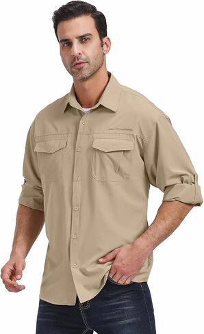 Mens Safari Sun Shirts UPF 50+ UV Sun Protection Long Sleeve Outdoor Quick Dry Fishing Hiking Gardening Shirts in Kuwait