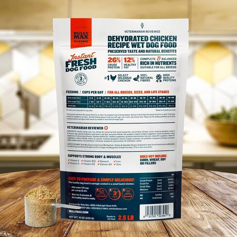 Bully Max Instant Fresh Wet Dog Food - Nutrient-Rich Dehydrated Raw Dog Food with Natural Chicken Recipe - 10 Bags of 15 oz Pouches, Wet Dog Food Alternative - Makes 25 lbs. of Wet Food in Saudi Arabia