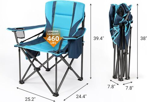 Folding Camping Chair Heavy Duty, Extra Large Outdoor Fishing Chair with Side Pocket and Oversized Cooler Bag, Up to 460LBS, Black Arm Chair with Cup Holder, for Travel Camp Picnic Beach RV in Saudi Arabia