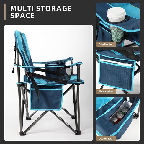 Folding Camping Chair Heavy Duty, Extra Large Outdoor Fishing Chair with Side Pocket and Oversized Cooler Bag, Up to 460LBS, Black Arm Chair with Cup Holder, for Travel Camp Picnic Beach RV in Saudi Arabia
