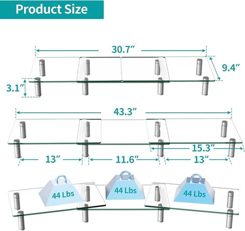 Zimilar Dual Glass Monitor Stand Riser, 3-Shelf Tempered Glass Monitor Stand, Clear Monitor Riser for 2 Monitors, Adjustable Length& Angle Computer Monitor Riser for Computer, Laptop, PC in Kuwait