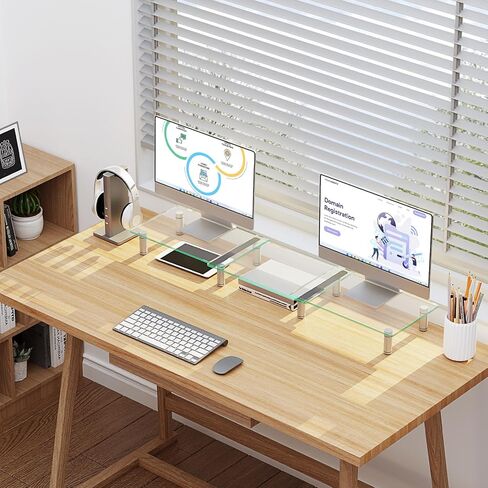 Zimilar Dual Glass Monitor Stand Riser, 3-Shelf Tempered Glass Monitor Stand, Clear Monitor Riser for 2 Monitors, Adjustable Length& Angle Computer Monitor Riser for Computer, Laptop, PC in Kuwait