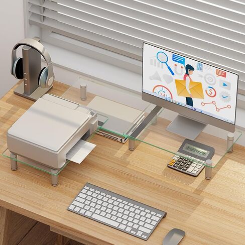 Zimilar Dual Glass Monitor Stand Riser, 3-Shelf Tempered Glass Monitor Stand, Clear Monitor Riser for 2 Monitors, Adjustable Length& Angle Computer Monitor Riser for Computer, Laptop, PC in Kuwait
