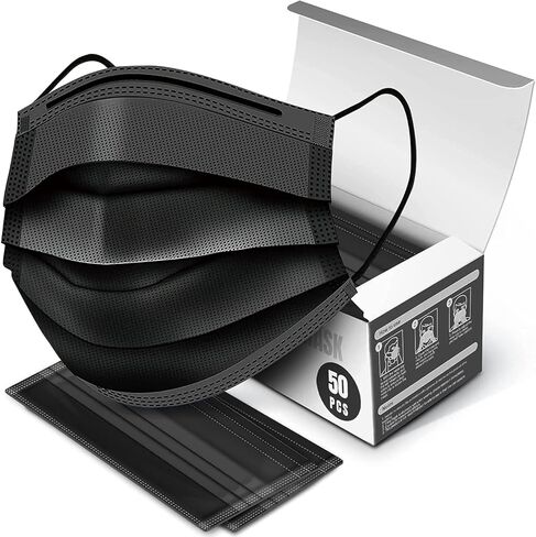 50 قطعة من أقنعة الوجه السوداء التي يمكن التخلص منها مع. حماية أمنية عالية التهوية من أجل النظافة، 3 طبقات (طبقتين غير منسوجة وطبقة واحدة من القماش المنصهر)، مضاد للماء والغبار للأسنان، وصالونات الأظافر/الشعر in Kuwait