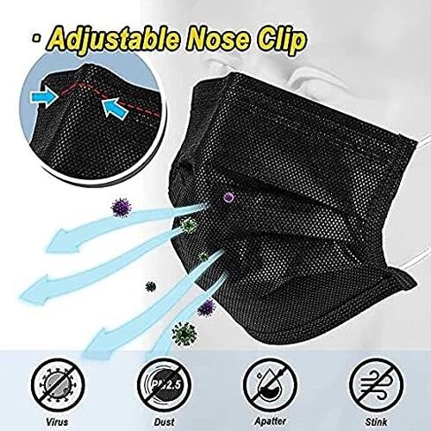 50 قطعة من أقنعة الوجه السوداء التي يمكن التخلص منها مع. حماية أمنية عالية التهوية من أجل النظافة، 3 طبقات (طبقتين غير منسوجة وطبقة واحدة من القماش المنصهر)، مضاد للماء والغبار للأسنان، وصالونات الأظافر/الشعر in Kuwait