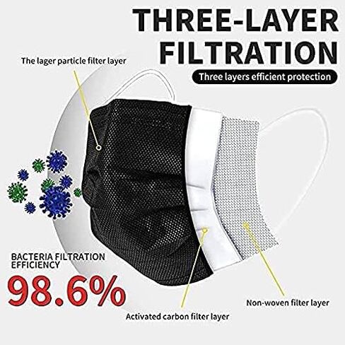 50 قطعة من أقنعة الوجه السوداء التي يمكن التخلص منها مع. حماية أمنية عالية التهوية من أجل النظافة، 3 طبقات (طبقتين غير منسوجة وطبقة واحدة من القماش المنصهر)، مضاد للماء والغبار للأسنان، وصالونات الأظافر/الشعر in Kuwait