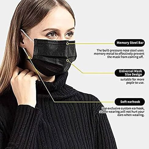 50 قطعة من أقنعة الوجه السوداء التي يمكن التخلص منها مع. حماية أمنية عالية التهوية من أجل النظافة، 3 طبقات (طبقتين غير منسوجة وطبقة واحدة من القماش المنصهر)، مضاد للماء والغبار للأسنان، وصالونات الأظافر/الشعر in Kuwait