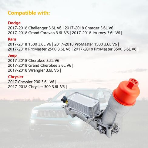 مبرد زيت المحرك من الألومنيوم ومبيت فلتر الزيت | مناسب لموديلات 2017-2018 كرايسلر 200 300، جيب جراند شيروكي رانجلر، رام 1500 بروماستر، دودج تشالنجر تشارجر 3.6 لتر V6 | عمر الفاروق #: 68310865AB 68310865AA in Kuwait