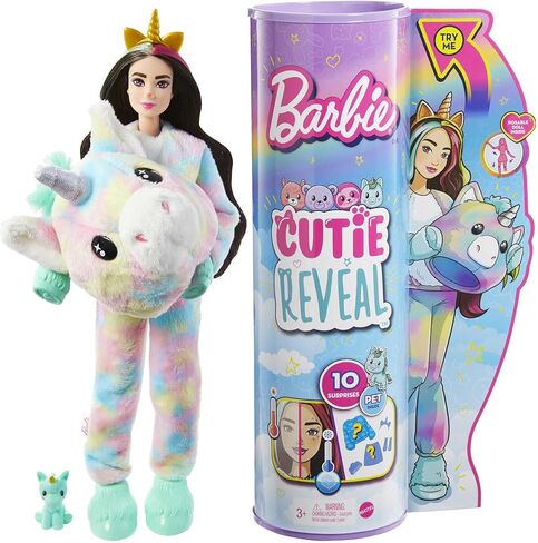 Barbie Cutie Reveal Doll, Fantasy Series Unicorn Plush Costume, 10 Surprises Including Mini Pet & Color Change in Saudi Arabia