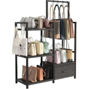 Handbag Organizer - 3 Tier Purse Storage Rack with Pull Out Drawer & 6 Hooks, High Capacity Handbag Holder Shelf, Metal Frame with Wood Shelves for Closet/Bedroom (Rustic Brown) in Saudi Arabia