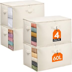 Lifewit Canvas Cotton Comforter Storage Bags with Zipper 4 Pack, 60L Breathable Foldable Clothing Containers, Linen Sweater Organizers Boxes for Clothes, Blankets, Pillows, Duvets, Bedding in Kuwait