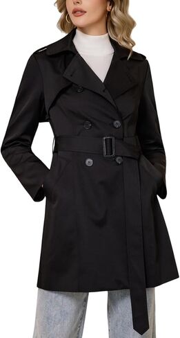 Women's Trench Coat Classic Double Breasted Lapel Windbreak Midi OuterWear With Belt Buckle in Kuwait