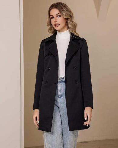Women's Trench Coat Classic Double Breasted Lapel Windbreak Midi OuterWear With Belt Buckle in Kuwait