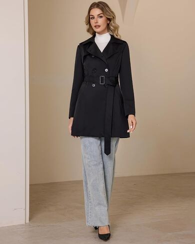 Women's Trench Coat Classic Double Breasted Lapel Windbreak Midi OuterWear With Belt Buckle in Kuwait