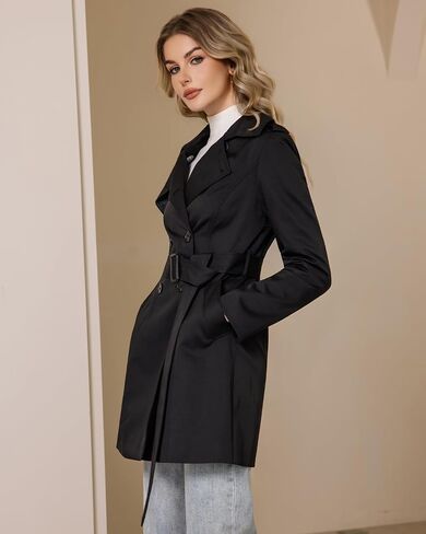 Women's Trench Coat Classic Double Breasted Lapel Windbreak Midi OuterWear With Belt Buckle in Kuwait