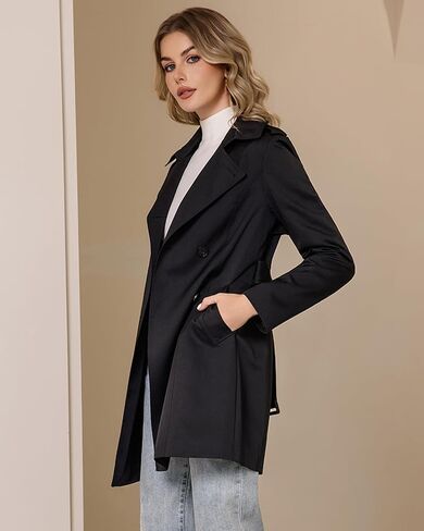 Women's Trench Coat Classic Double Breasted Lapel Windbreak Midi OuterWear With Belt Buckle in Kuwait