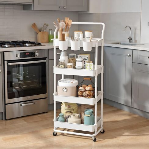 Buzowruil 4-Tier Rolling Utility Cart, Storage Cart with Handle Multi-Purpose and Locking Wheels,with Hanging Basket and Hook for Office, Kitchen, Bathroom,White in Saudi Arabia
