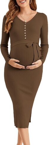 Ecavus Women's Long Sleeve Maternity Sweater Dress for Baby Shower V Neck Slit Maternity Photoshoot Dress with Belt in Saudi Arabia