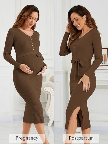 Ecavus Women's Long Sleeve Maternity Sweater Dress for Baby Shower V Neck Slit Maternity Photoshoot Dress with Belt in Saudi Arabia