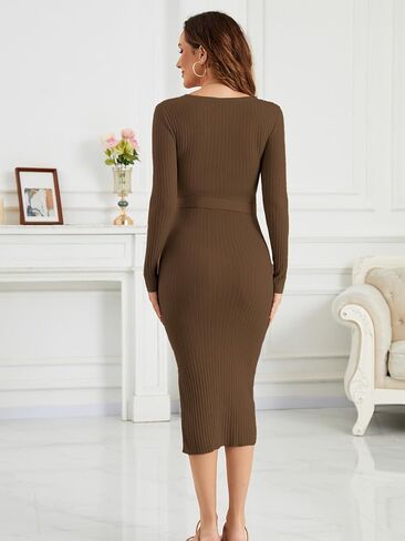 Ecavus Women's Long Sleeve Maternity Sweater Dress for Baby Shower V Neck Slit Maternity Photoshoot Dress with Belt in Saudi Arabia