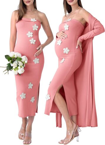 Rnxrbb 2 PCS Floral Baby Shower Maternity Dress Cardigan Long Tube Clothes | Soft, Stretchy Ribbed Knit Bodycon Maxi Dress with Flowers,Perfect for Gender Reveal,Photoshoots,Night Out&Cocktail,Weddings in Saudi Arabia