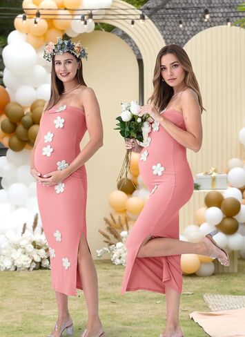 Rnxrbb 2 PCS Floral Baby Shower Maternity Dress Cardigan Long Tube Clothes | Soft, Stretchy Ribbed Knit Bodycon Maxi Dress with Flowers,Perfect for Gender Reveal,Photoshoots,Night Out&Cocktail,Weddings in Saudi Arabia