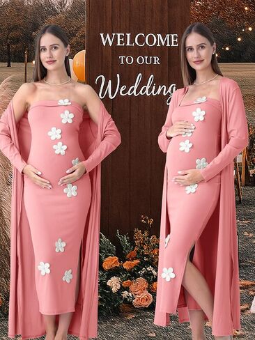 Rnxrbb 2 PCS Floral Baby Shower Maternity Dress Cardigan Long Tube Clothes | Soft, Stretchy Ribbed Knit Bodycon Maxi Dress with Flowers,Perfect for Gender Reveal,Photoshoots,Night Out&Cocktail,Weddings in Saudi Arabia