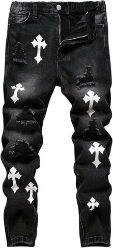 WDIRARA Boy's Cross Graphic Ripped Skinny Jeans Distressed Elastic Waist Denim Pants in Saudi Arabia