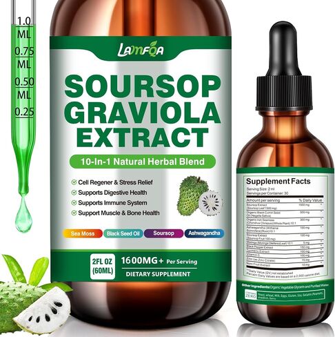 Soursop Bitters Liquid 10-in-1 مع أوراق Soursop ، طحالب البحر ، Moringa & Black Poste لدعم المناعة ، صحة الأمعاء ، تجديد الخلايا ومضادات الأكس in Kuwait