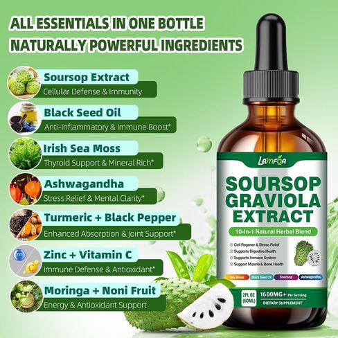 Soursop Bitters Liquid 10-in-1 مع أوراق Soursop ، طحالب البحر ، Moringa & Black Poste لدعم المناعة ، صحة الأمعاء ، تجديد الخلايا ومضادات الأكس in Kuwait