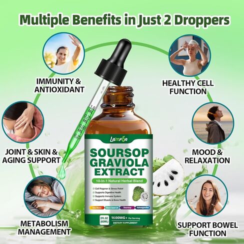 Soursop Bitters Liquid 10-in-1 مع أوراق Soursop ، طحالب البحر ، Moringa & Black Poste لدعم المناعة ، صحة الأمعاء ، تجديد الخلايا ومضادات الأكس in Kuwait