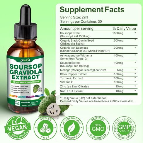 Soursop Bitters Liquid 10-in-1 مع أوراق Soursop ، طحالب البحر ، Moringa & Black Poste لدعم المناعة ، صحة الأمعاء ، تجديد الخلايا ومضادات الأكس in Kuwait