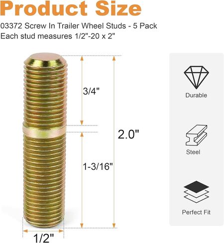 03372 Screw in Trailer Wheel Studs - 5 Pack, Each Stud Measures 1/2"-20 x 2 in Saudi Arabia