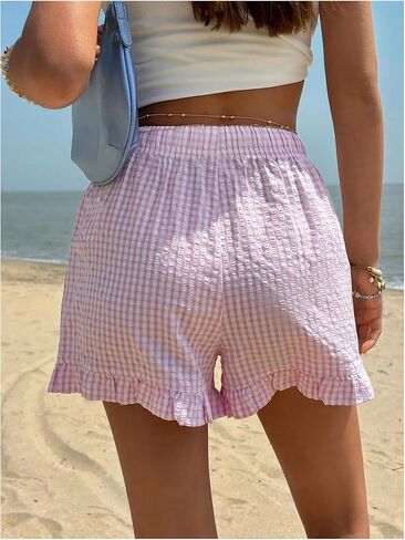 MakeMeChic Women's Gingham Print Shorts Drawstring Waisted Wide Leg Frill Trim Summer Y2K Boxer Shorts in Saudi Arabia