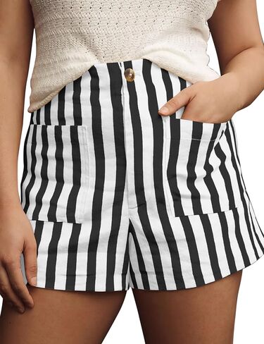 Women Striped Linen High Waisted Wide Leg Summer Casual Button Shorts 2024 Y2k Color Block Boxer Shorts with Pockets in Saudi Arabia
